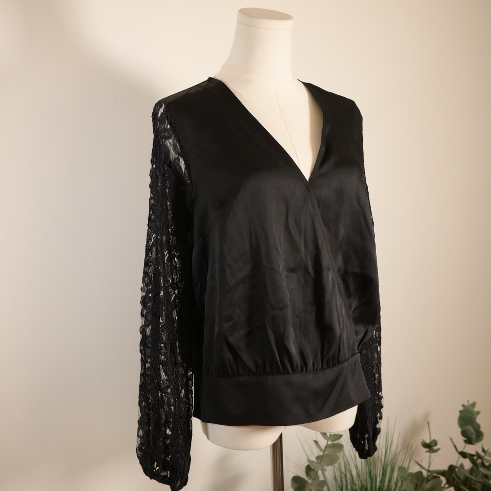 INC International Concepts Black Satin Lace Sleeve Wrap Blouse Medium